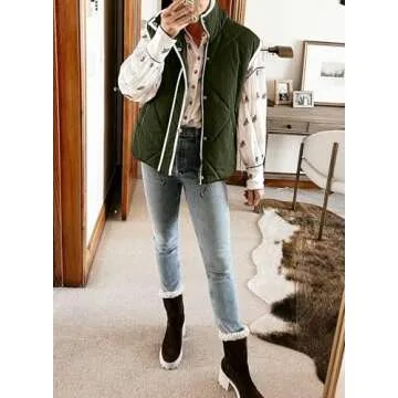 SHEWIN Puffer Vest Causal Stand Collar Sleeveless Fall Jackets Womens Vests Outerwear Trendy Winter Clothes For Women, US 12-14(L),Moss Green