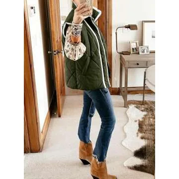 SHEWIN Puffer Vest Causal Stand Collar Sleeveless Fall Jackets Womens Vests Outerwear Trendy Winter Clothes For Women, US 12-14(L),Moss Green