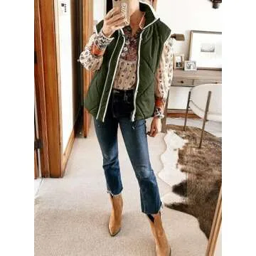 SHEWIN Puffer Vest Causal Stand Collar Sleeveless Fall Jackets Womens Vests Outerwear Trendy Winter Clothes For Women, US 12-14(L),Moss Green