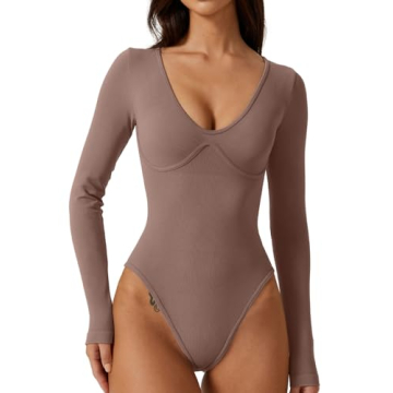 QINSEN Womens Sexy V Neck Shirt Long Sleeve Bodycon High Leg Thong Bodysuit Tops Stucco M