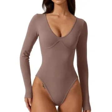 QINSEN Womens Sexy V Neck Shirt Long Sleeve Bodycon High Leg Thong Bodysuit Tops Stucco M