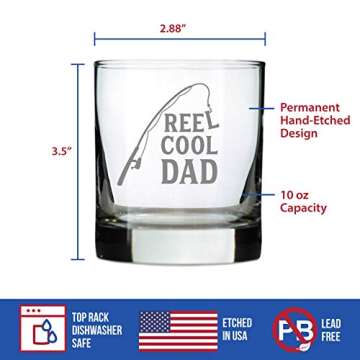 Reel Cool Dad - Funny Whiskey Rocks Glass - Fishing Gifts for Fathers - Engraved 10.25 oz Glasses - Fun Fish Cups