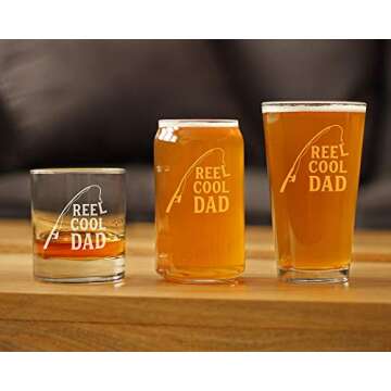 Reel Cool Dad - Funny Whiskey Rocks Glass - Fishing Gifts for Fathers - Engraved 10.25 oz Glasses - Fun Fish Cups