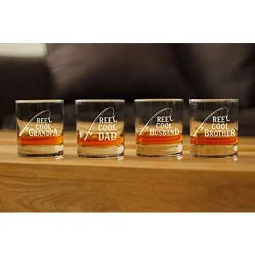Reel Cool Dad - Funny Whiskey Rocks Glass - Fishing Gifts for Fathers - Engraved 10.25 oz Glasses - Fun Fish Cups