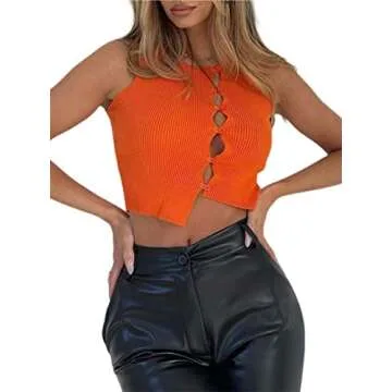 Remidoo Women's Sexy Asymmetrical Hem Button Down Front Rib Knit Cut Out Crop Tank Top Orange Large