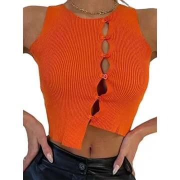 Remidoo Women's Sexy Asymmetrical Hem Button Down Front Rib Knit Cut Out Crop Tank Top Orange Large