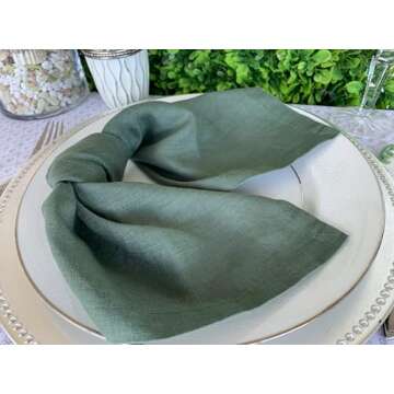 Elegant Soft Rustic Green Stonewashed French Linen Napkins 18x18" - Set of 4