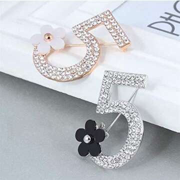 Comelyjewel Brooch Pin Number Five Pin Brooch Corsage Scarf pin Rhinestones Breastpin for Wedding/Banquet/Bouquet Golden