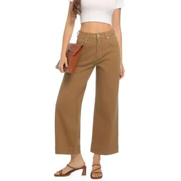 Guaile Womens High Waisted Stretchy Jeans - Wide Leg, Baggy, Loose, Trendy Jeans for Women - Khaki D...
