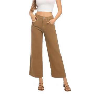 Guaile Womens High Waisted Stretchy Jeans - Wide Leg, Baggy, Loose, Trendy Jeans for Women - Khaki Dark