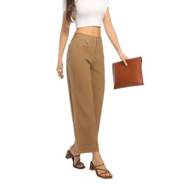 Guaile Womens High Waisted Stretchy Jeans - Wide Leg, Baggy, Loose, Trendy Jeans for Women - Khaki Dark