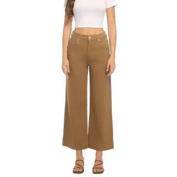 Guaile Womens High Waisted Stretchy Jeans - Wide Leg, Baggy, Loose, Trendy Jeans for Women - Khaki Dark