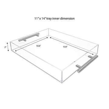 Isaac Jacobs Clear Acrylic Serving Tray (11x14) with Silver Metal Handles, Spill-Proof, Stackable Organizer, Food & Drinks Server, Indoors/Outdoors, Lucite Storage (11x14, Clear with Silver Handle)