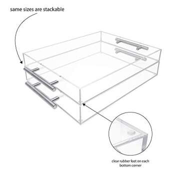 Isaac Jacobs Clear Acrylic Serving Tray (11x14) with Silver Metal Handles, Spill-Proof, Stackable Organizer, Food & Drinks Server, Indoors/Outdoors, Lucite Storage (11x14, Clear with Silver Handle)