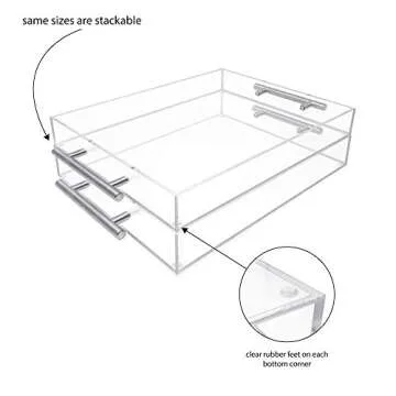 Isaac Jacobs Clear Acrylic Serving Tray (11x14) with Silver Metal Handles, Spill-Proof, Stackable Organizer, Food & Drinks Server, Indoors/Outdoors, Lucite Storage (11x14, Clear with Silver Handle)