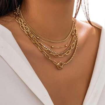 Gold Necklace Stack Layered Necklaces for Women Trendy Cuban Pearl Herringbone Snake Paperclip Chain...