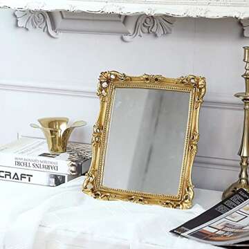 Funerom Vintage 11 x 9.5 inch Decorative Mirror, Wall Mounted & Tabletop Makeup Mirror ，Square Antique Gold