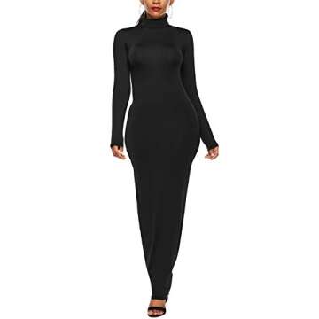 PRIMODA Women's Turtleneck Long Sleeve Bodycon Maxi Dress Casual Long Dress(L Black)