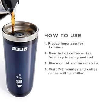 Zoku Instant Iced Coffee Maker, Reusable Beverage Chiller Cools Hot Beverages in Minutes Without Dilution, Portable 11-ounce Tumbler With Spill-resistant Lid and Straw, Grey
