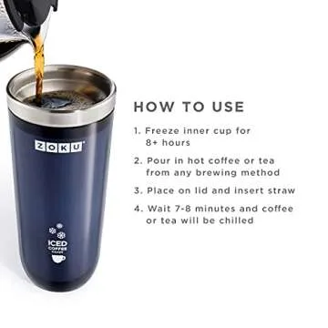 Zoku Instant Iced Coffee Maker, Reusable Beverage Chiller Cools Hot Beverages in Minutes Without Dilution, Portable 11-ounce Tumbler With Spill-resistant Lid and Straw, Grey