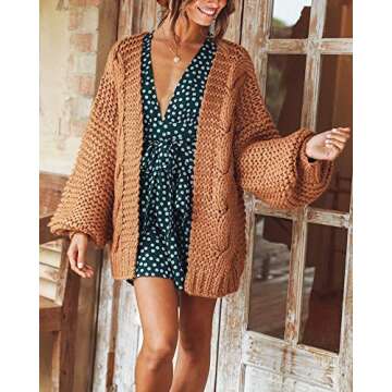 Cicy Bell Women's Open Front Chunky Knit Cardigan Loose Lantern Sleeve Oversized Sweater Coats (Khak...