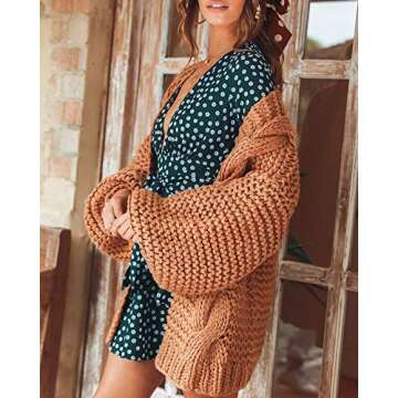 Cicy Bell Women's Open Front Chunky Knit Cardigan Loose Lantern Sleeve Oversized Sweater Coats (Khaki,X-Large)