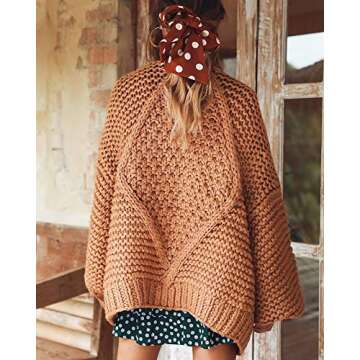 Cicy Bell Women's Open Front Chunky Knit Cardigan Loose Lantern Sleeve Oversized Sweater Coats (Khaki,X-Large)