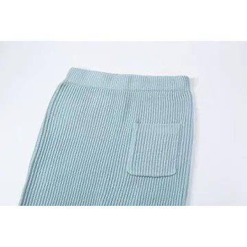 chouyatou Women's Turtleneck 2 Piece Outfits Ribbed Knit Sweater Midi Pencil Skirt Set (Medium, Blue)