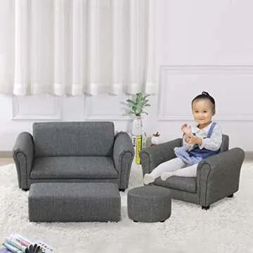 Getifun Kids Sofa Chair with Footstool/PVC Leather Toddler Couch with Plastic Legs/Upholstered Children Armchair for Kids Under 4 Years Old/Single Seat with Stool (Gray)