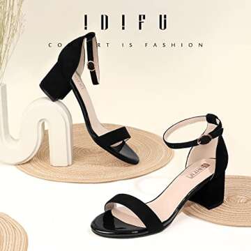 IDIFU Women's Cookie-LO Low Block Heels Chunky Sandals Ankle Strap Wedding Dress Pump Shoes(Black Su...
