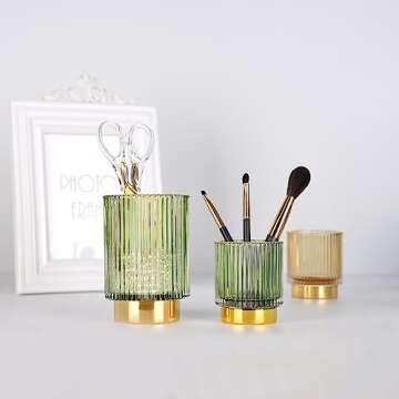 Fvstar Makeup Brush Holder,Glass Makeup Organizer,Gold Toothbrush Holder,Green Makeup Brushes Storag...