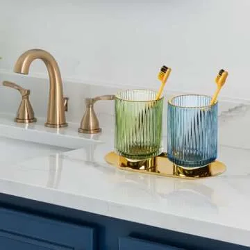 Fvstar Makeup Brush Holder,Glass Makeup Organizer,Gold Toothbrush Holder,Green Makeup Brushes Storage Cup,Decorative Desk Pen Holder,Vintage Brushes Organizer for Vanity Bathroom Countertop