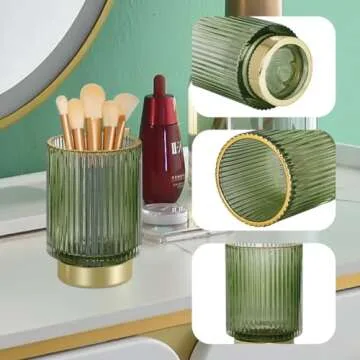 Fvstar Makeup Brush Holder,Glass Makeup Organizer,Gold Toothbrush Holder,Green Makeup Brushes Storage Cup,Decorative Desk Pen Holder,Vintage Brushes Organizer for Vanity Bathroom Countertop