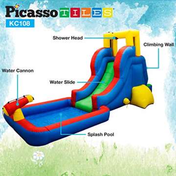 PicassoTiles KC108 Water Slide Park Inflatable Bouncing House w/Pool Area (Splash Zone), Climbing Wall, Shower Head Sprays Mounts, Water Cannon Mount and Heavy Duty GFCI ETL Certified 385W Blower