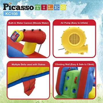 PicassoTiles KC108 Water Slide Park Inflatable Bouncing House w/Pool Area (Splash Zone), Climbing Wall, Shower Head Sprays Mounts, Water Cannon Mount and Heavy Duty GFCI ETL Certified 385W Blower