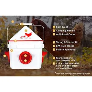 RentACoop Chick2Chicken 10lb BPA-Free 4-Port Feeder - Includes Anti-Roost Cone, Slider Port Cover, and Lid - Suitable for up to 20 Chicks & 12 Adult Chickens