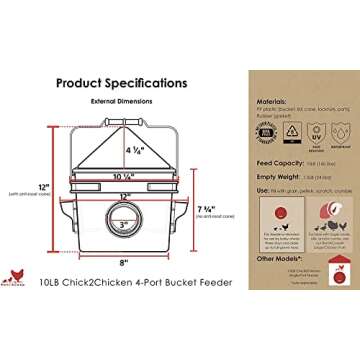 RentACoop Chick2Chicken 10lb BPA-Free 4-Port Feeder - Includes Anti-Roost Cone, Slider Port Cover, and Lid - Suitable for up to 20 Chicks & 12 Adult Chickens