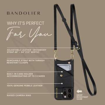 Bandolier Emma Crossbody Wallet Phone Case for iPhone 14 Pro Max. 100% Genuine Pebble Leather. Adjustable & Removable Crossbody Strap. Card Holder with Snap Closure. Black with Gold Hardware