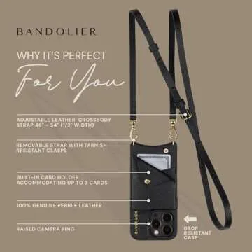 Bandolier Emma Crossbody Wallet Phone Case for iPhone 14 Pro Max. 100% Genuine Pebble Leather. Adjustable & Removable Crossbody Strap. Card Holder with Snap Closure. Black with Gold Hardware