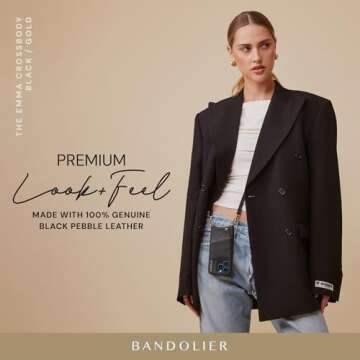 Bandolier Emma Crossbody Wallet Phone Case for iPhone 14 Pro Max. 100% Genuine Pebble Leather. Adjustable & Removable Crossbody Strap. Card Holder with Snap Closure. Black with Gold Hardware