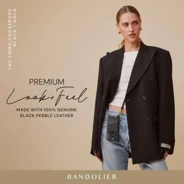 Bandolier Emma Crossbody Wallet Phone Case for iPhone 14 Pro Max. 100% Genuine Pebble Leather. Adjustable & Removable Crossbody Strap. Card Holder with Snap Closure. Black with Gold Hardware