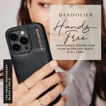 Bandolier Emma Crossbody Wallet Phone Case for iPhone 14 Pro Max. 100% Genuine Pebble Leather. Adjustable & Removable Crossbody Strap. Card Holder with Snap Closure. Black with Gold Hardware