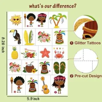 Partywind 38 Styles Glitter Metallic Temporary Tattoos for Kids, Hawaiian Luau Birthday Party Decora...