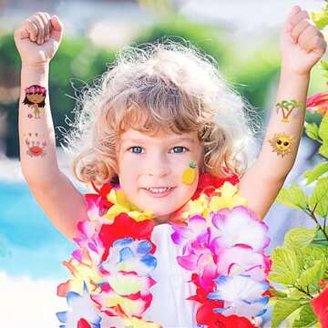 Partywind 38 Styles Glitter Metallic Temporary Tattoos for Kids, Hawaiian Luau Birthday Party Decorations, Tropic Pool Beach Party Supplies Favors for Kids Boys Girls Adults