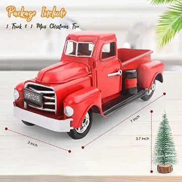 Cullaby Red Metal Pickup Truck Car Model for Christmas Decorations Table Top Decor Christmas Truck, Little Red Truck Christmas Decor with Mini Christmas Trees (6.7 '', Horror)