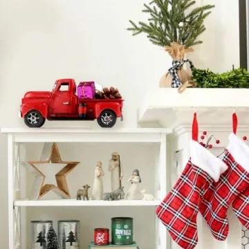 Cullaby Red Metal Pickup Truck Car Model for Christmas Decorations Table Top Decor Christmas Truck, Little Red Truck Christmas Decor with Mini Christmas Trees (6.7 '', Horror)