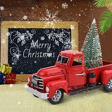 Cullaby Red Metal Pickup Truck Car Model for Christmas Decorations Table Top Decor Christmas Truck, Little Red Truck Christmas Decor with Mini Christmas Trees (6.7 '', Horror)