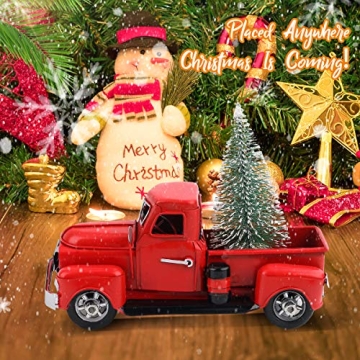 Cullaby Red Metal Pickup Truck Car Model for Christmas Decorations Table Top Decor Christmas Truck, Little Red Truck Christmas Decor with Mini Christmas Trees (6.7 '', Horror)