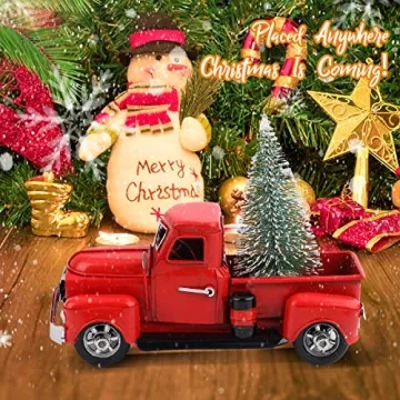 Cullaby Red Metal Pickup Truck Car Model for Christmas Decorations Table Top Decor Christmas Truck, Little Red Truck Christmas Decor with Mini Christmas Trees (6.7 '', Horror)