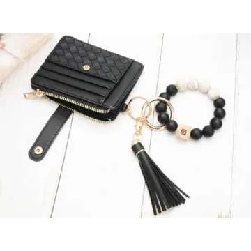 COOLANS Wristlet Bracelet Keychain Pocket Credit Card Holder Purse Tassel Keychain Bangle Key Ring for Women (Silicone Bead Bracelet+Card Purse (Black))